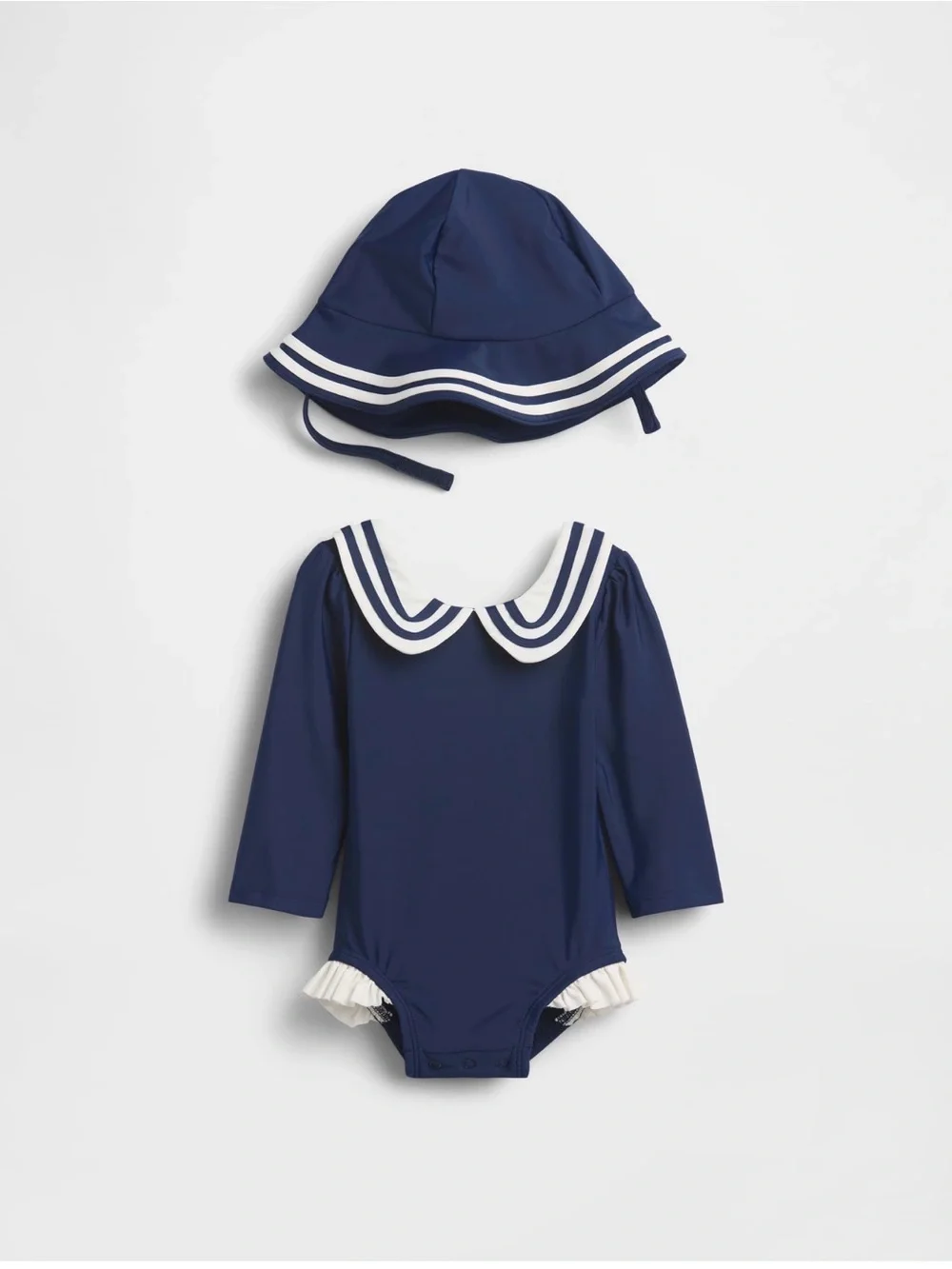 GAP Baby Sailor  Navy Blue One-Piece Swimsuit with White Trim and Matching Hat